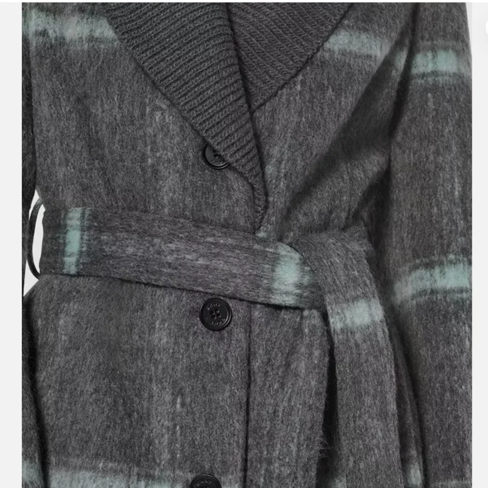 DKNY Women's Knit-Collar Belted Wrap Coat Charcoal Grey Wool - Picture 7 of 9